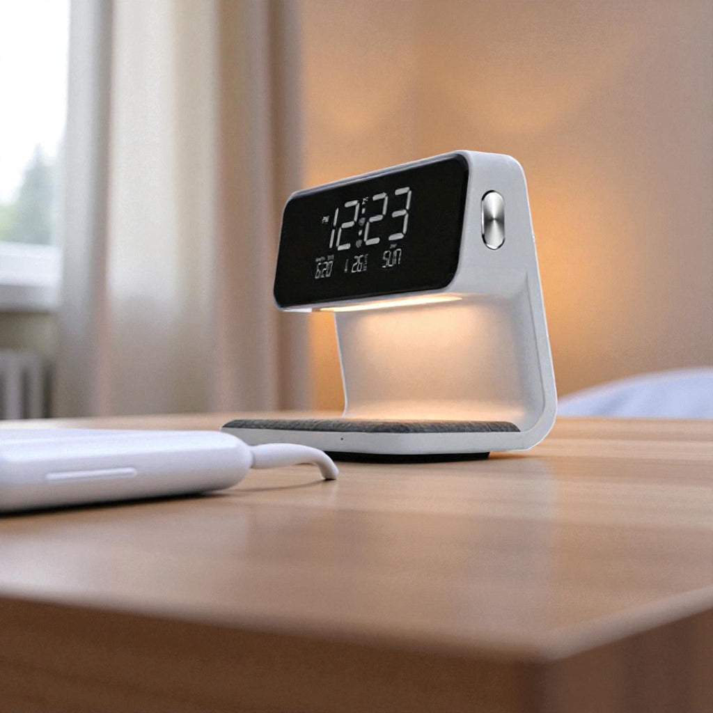 3 in 1 Nachtlicht mit kabellosem Ladegerät und Digitaluhr  Multifunktionale Nachttischlampe