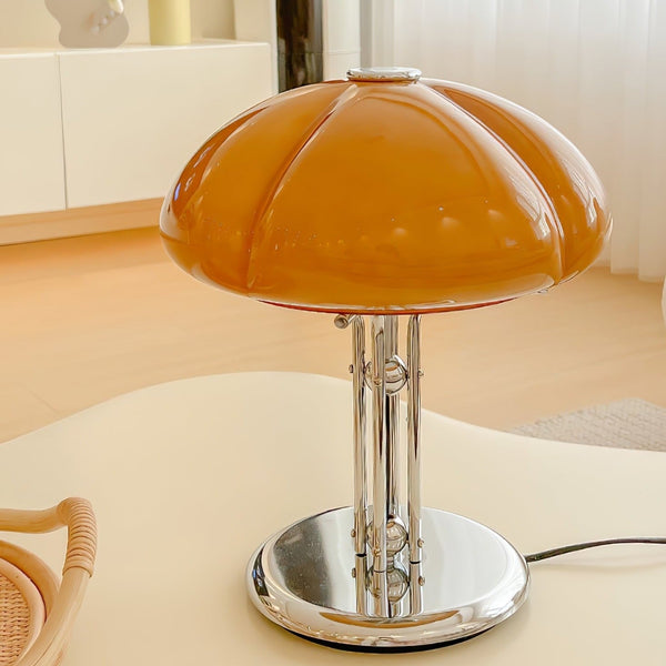 Lino - Bauhaus-Pilz-Tischleuchte mit bernsteinfarbenem