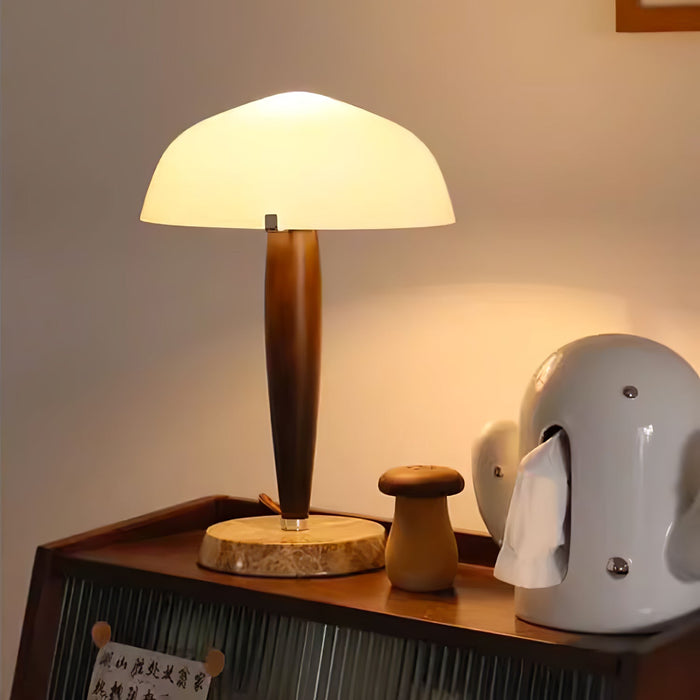 Mesalux - Elegante Tischlampe aus Glas & Walnuss mit Marmor