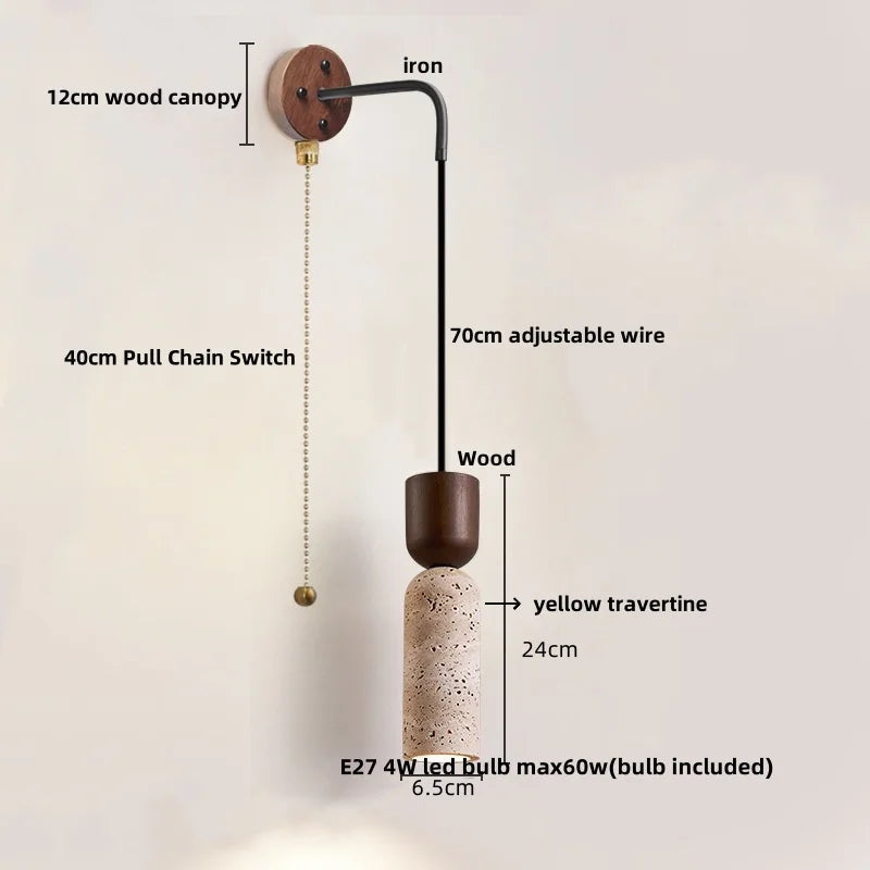 Lumera - Wandleuchte aus Travertin und Holz mit Zugschalter