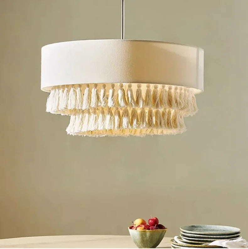 Boho - Wabi Sabi Stoff-Pendelleuchte mit Fransen