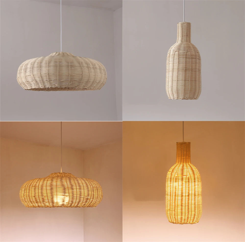 Handgeflochtene - Rattan-Pendelleuchte in Boho-Beige