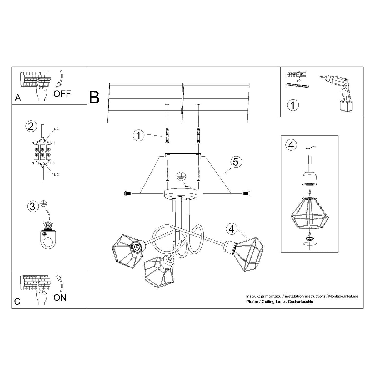 Aurela - Schwarzer 3-flammiger Kronleuchter im Loft-Design