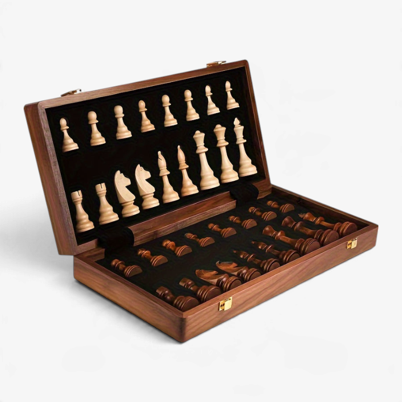 ChessCove - Klappbares Schachset aus Holz mit geschnitzten Figuren und Aufbewahrungsfächern