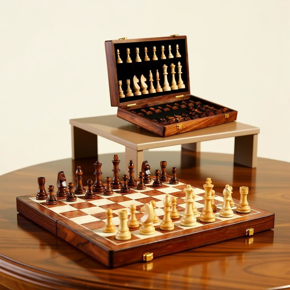 ChessCove - Klappbares Schachset aus Holz mit geschnitzten Figuren und Aufbewahrungsfächern