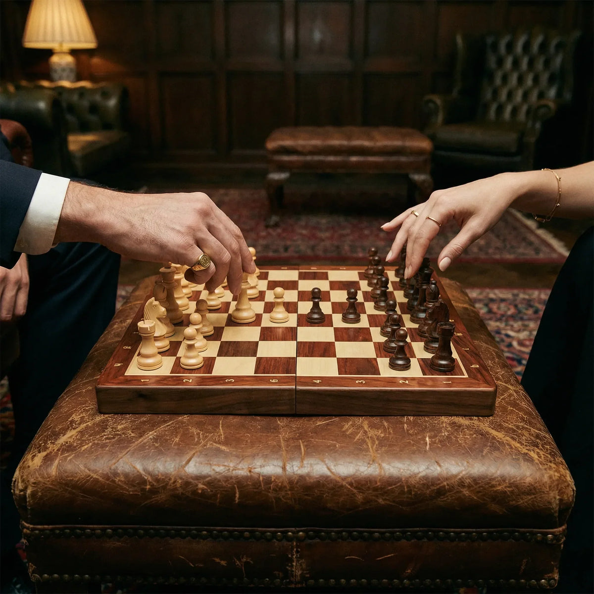 ChessCove - Klappbares Schachset aus Holz mit geschnitzten Figuren und Aufbewahrungsfächern